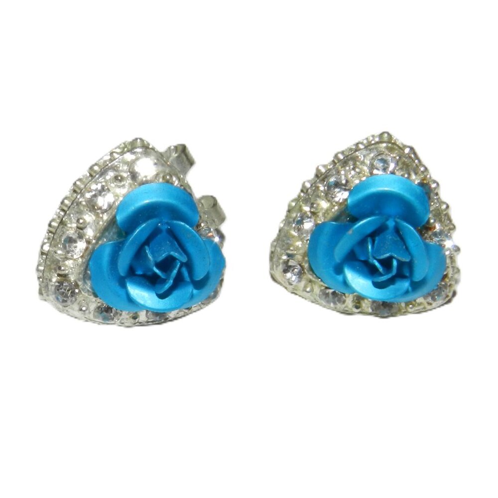 Blue Flower Earrings Clip With Diamonds And Alloy